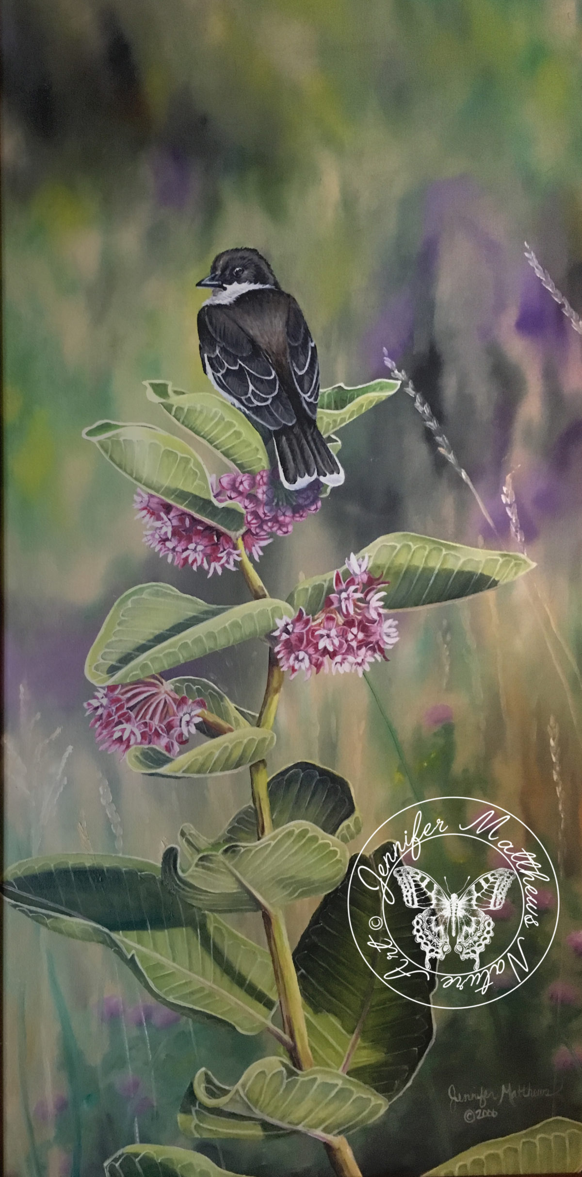 Original art, Oil Painting,acrylic painting, north dakota, wildlife, midlife art, wildlife painting, nature, nature art, nature painting, capture north dakota, north dakota legendary, north dakota be legendary, explore north dakota, ND, Eastern Kingbird, milkweed, Audubon, flower